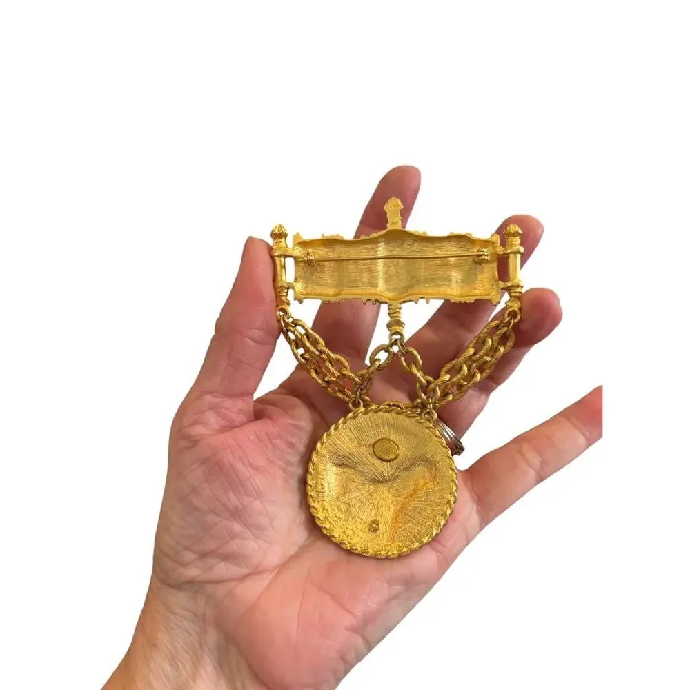 Les Bernard Gold Ram Medallion Brooch Massive Chain Runway Statement Pin
